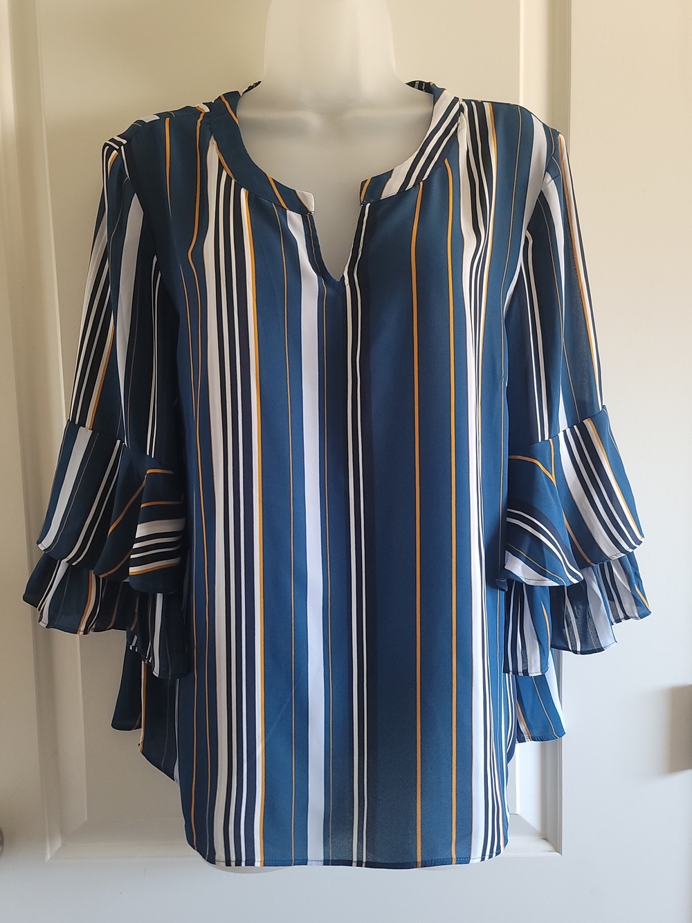 Ann Taylor Green, White & Gold Vertical-Stripe Ruffle-Sleeve Blouse